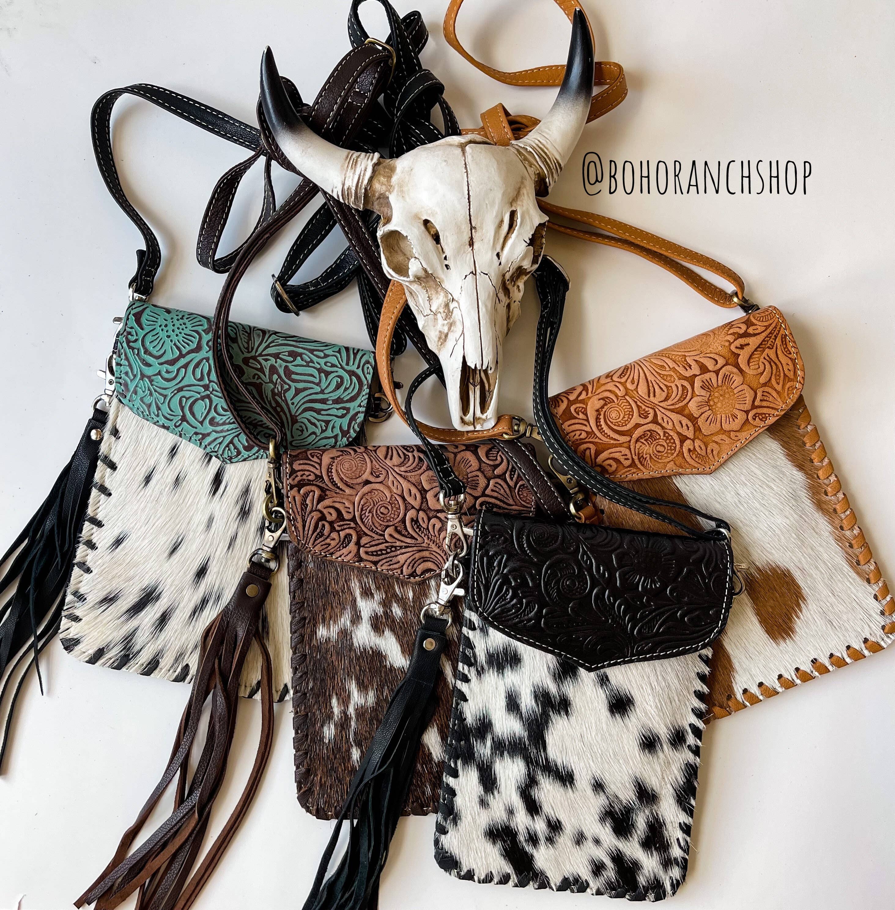 Phone Crossbody Western Tooled Leather Phone Mobile Purse: Turquoise Black