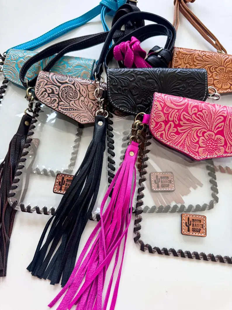 Phone Clear Crossbody Western Tooled Leather Mobile Purse: Pink Leather