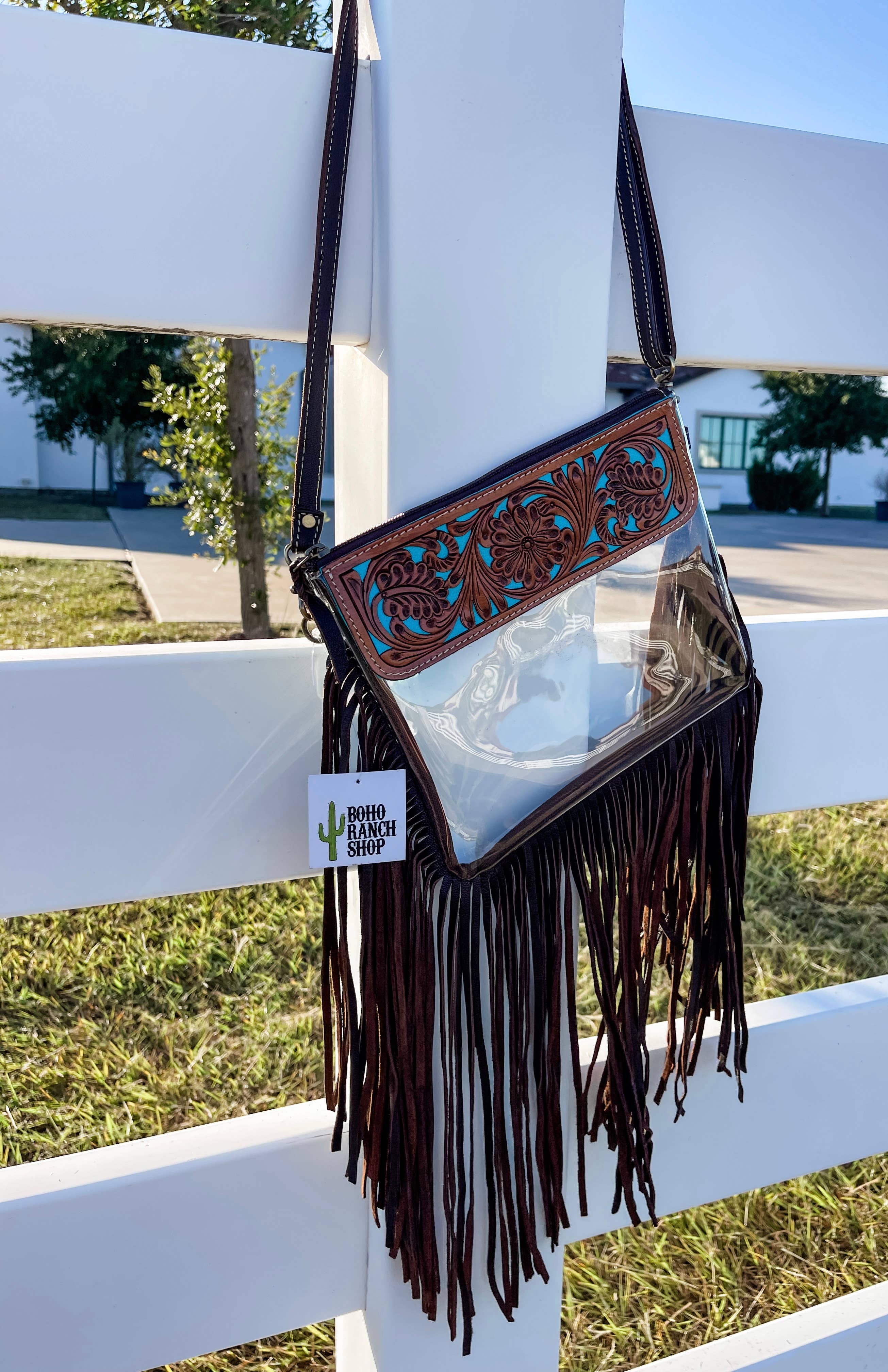 Hand Tooled Clear Purse Crossbody - Concert Game Day Stadium: BROWN/ TAN
