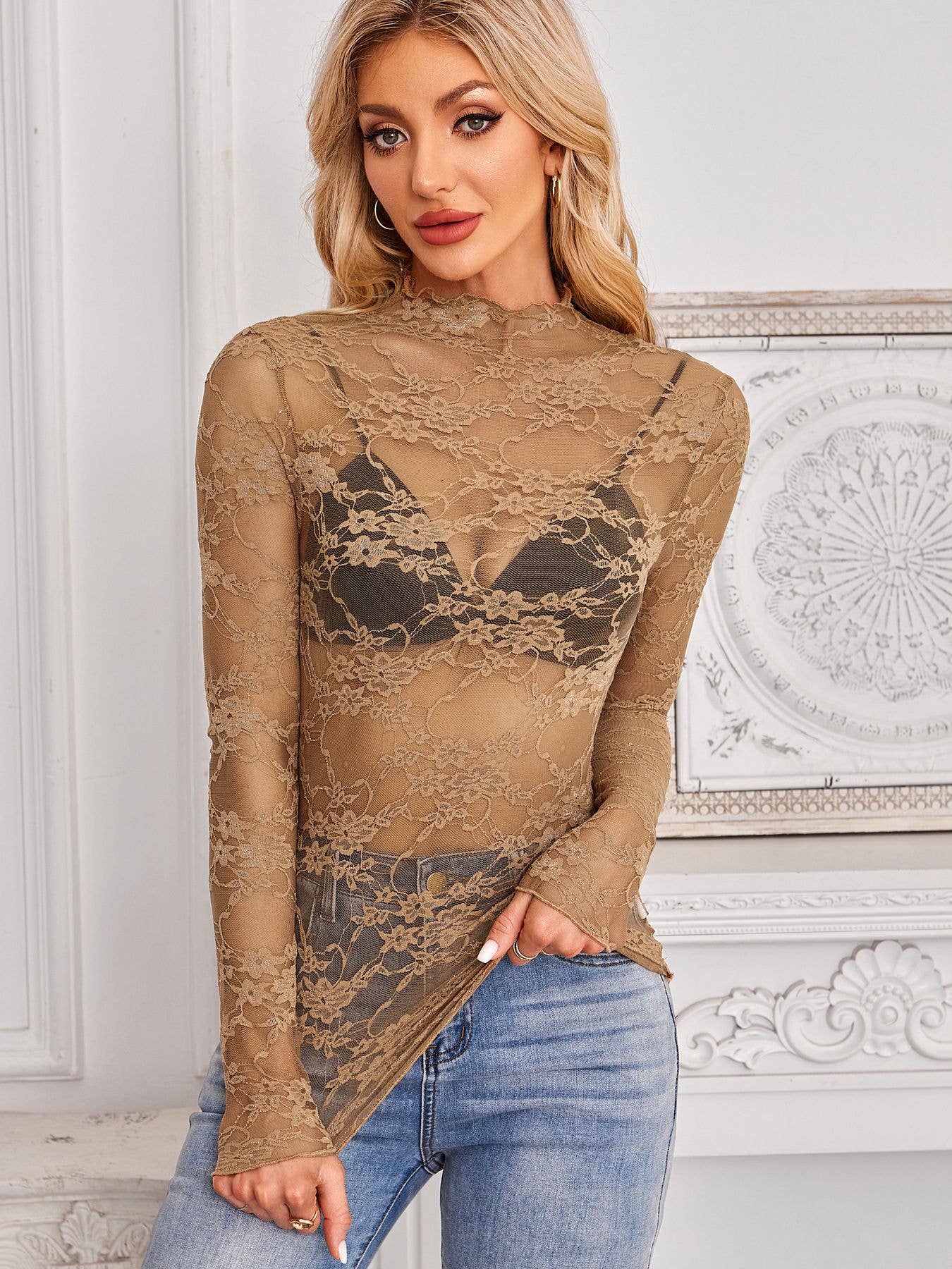 Lace Long Sleeve Top: Pink / Missy / 2XL