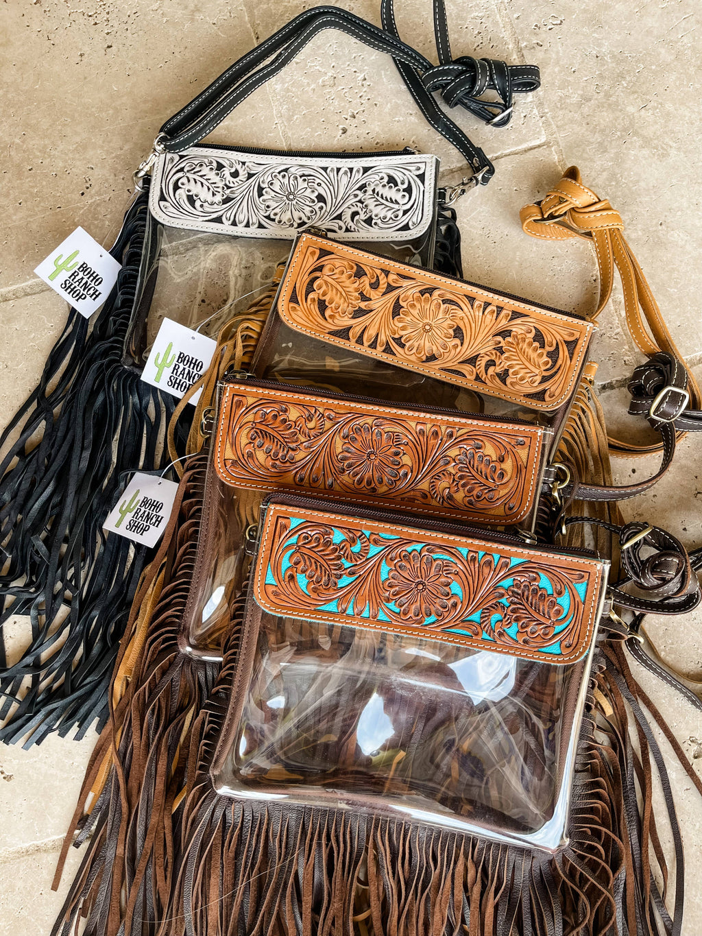 Hand Tooled Clear Purse Crossbody - Concert Game Day Stadium: BROWN/ TAN