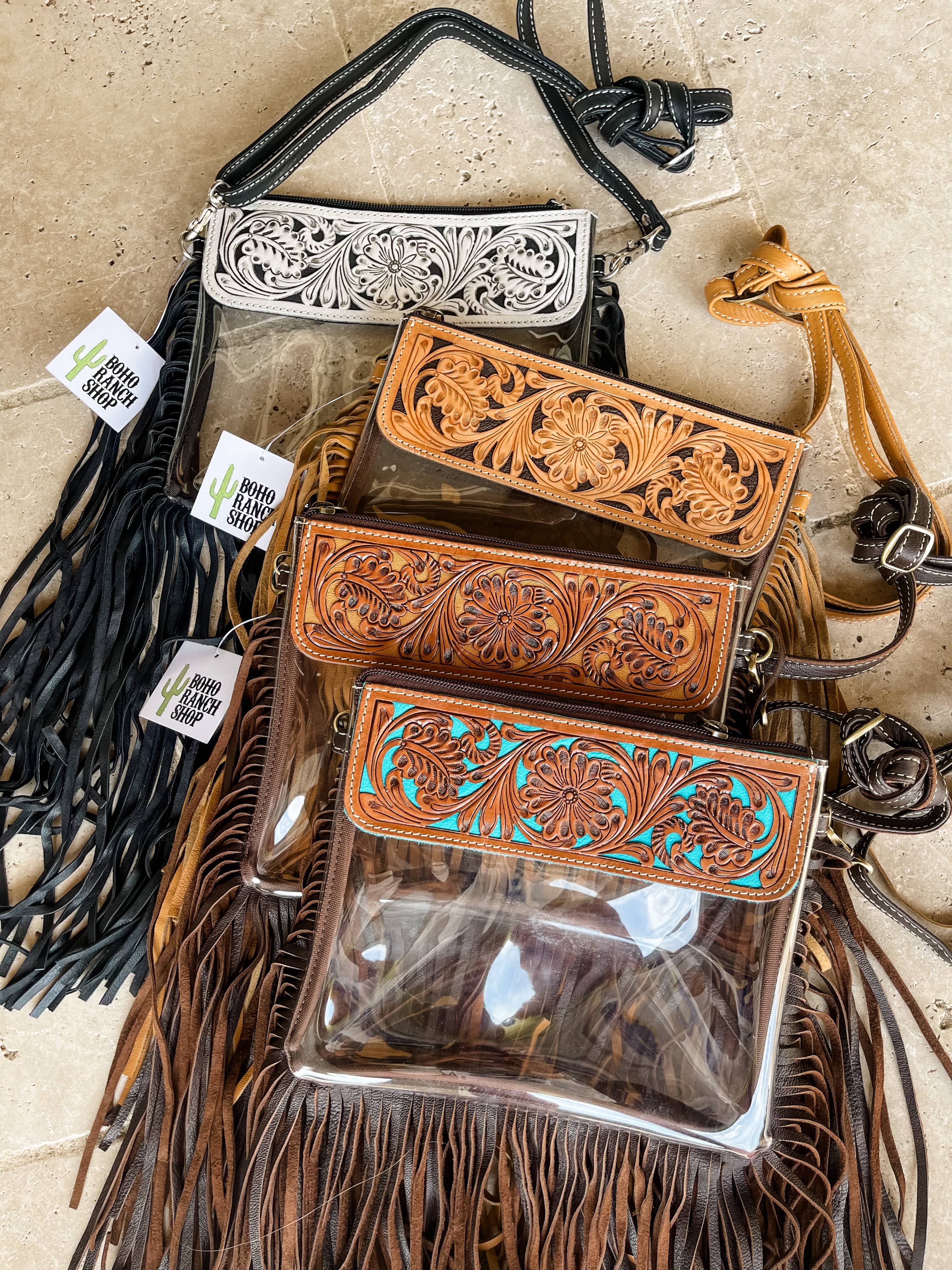 Hand Tooled Clear Purse Crossbody - Concert Game Day Stadium: BROWN/ TAN