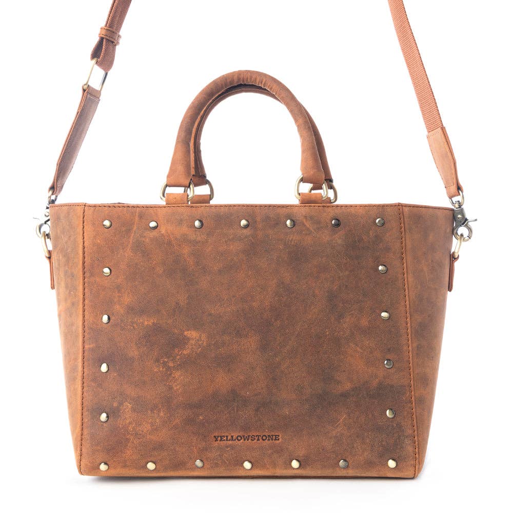 Yellowstone Valley Soul Studded & Embossed Tote Leather Bag in Amber: Dark Brown