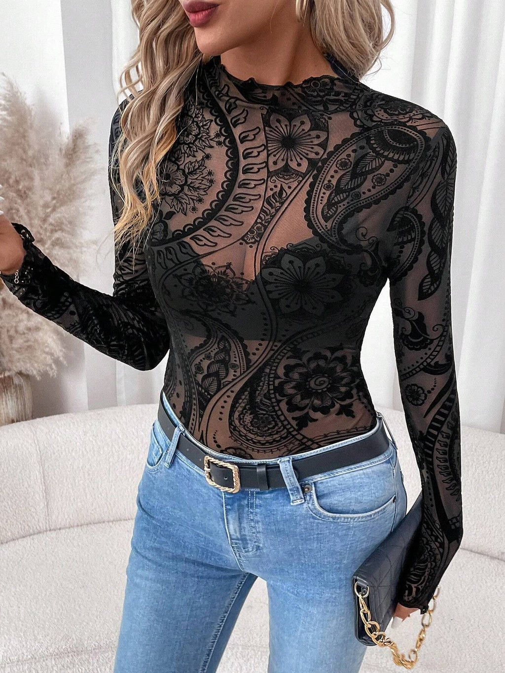 Paisley Velvet Print Mesh Top: Black / Missy / M