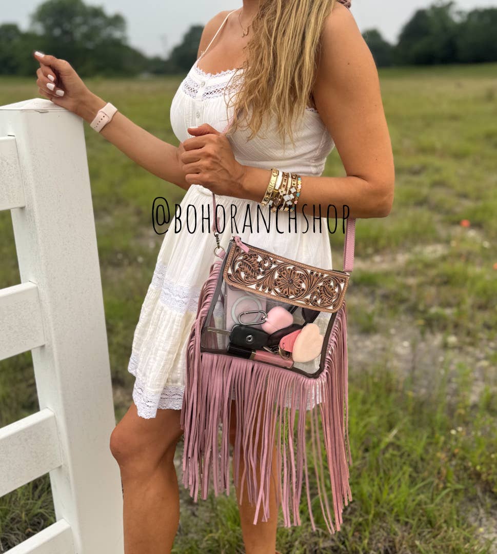 Hand Tooled Clear Purse Crossbody - Concert Game Day Stadium: BROWN/ TAN