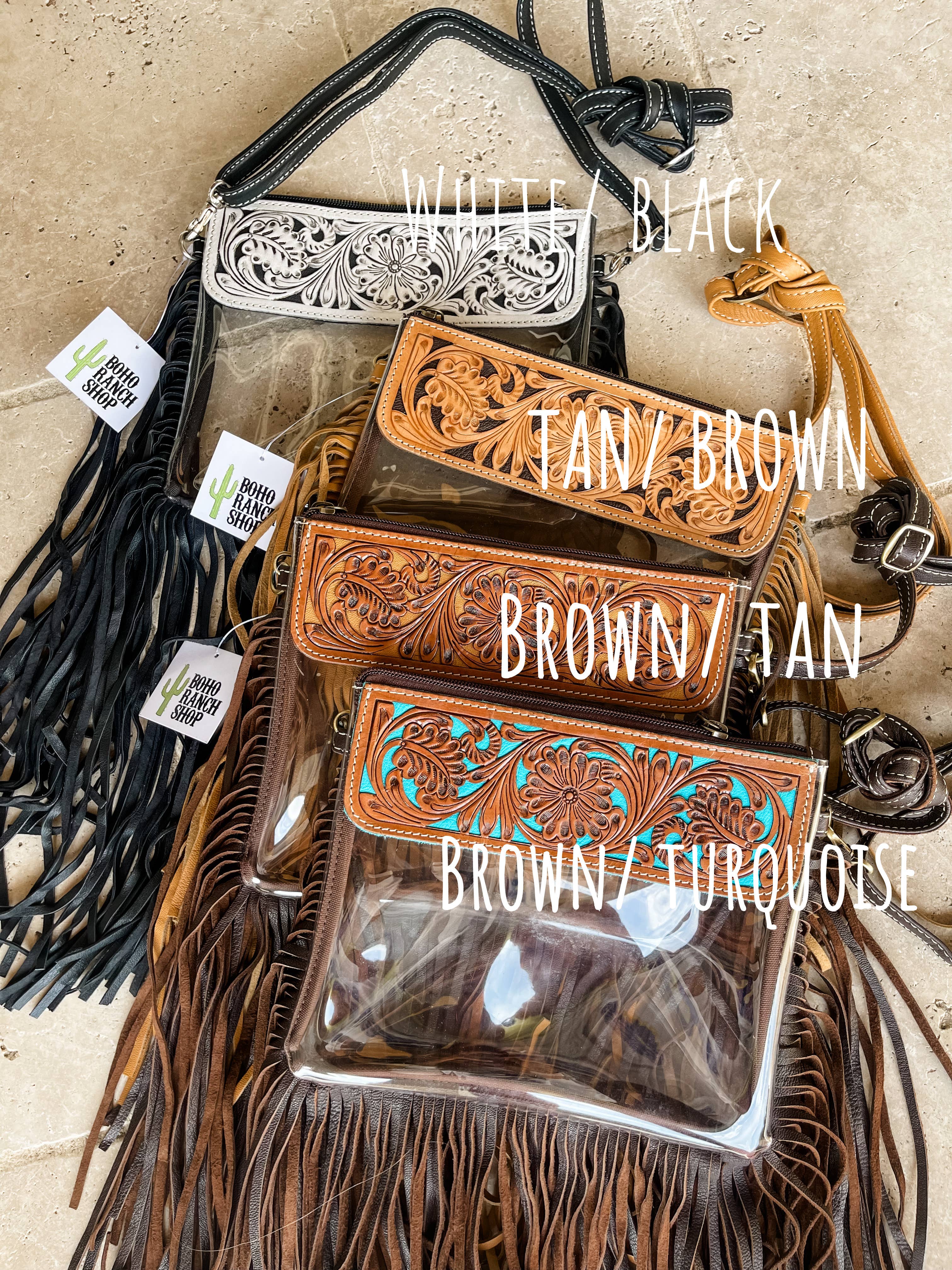 Hand Tooled Clear Purse Crossbody - Concert Game Day Stadium: BROWN/ TAN