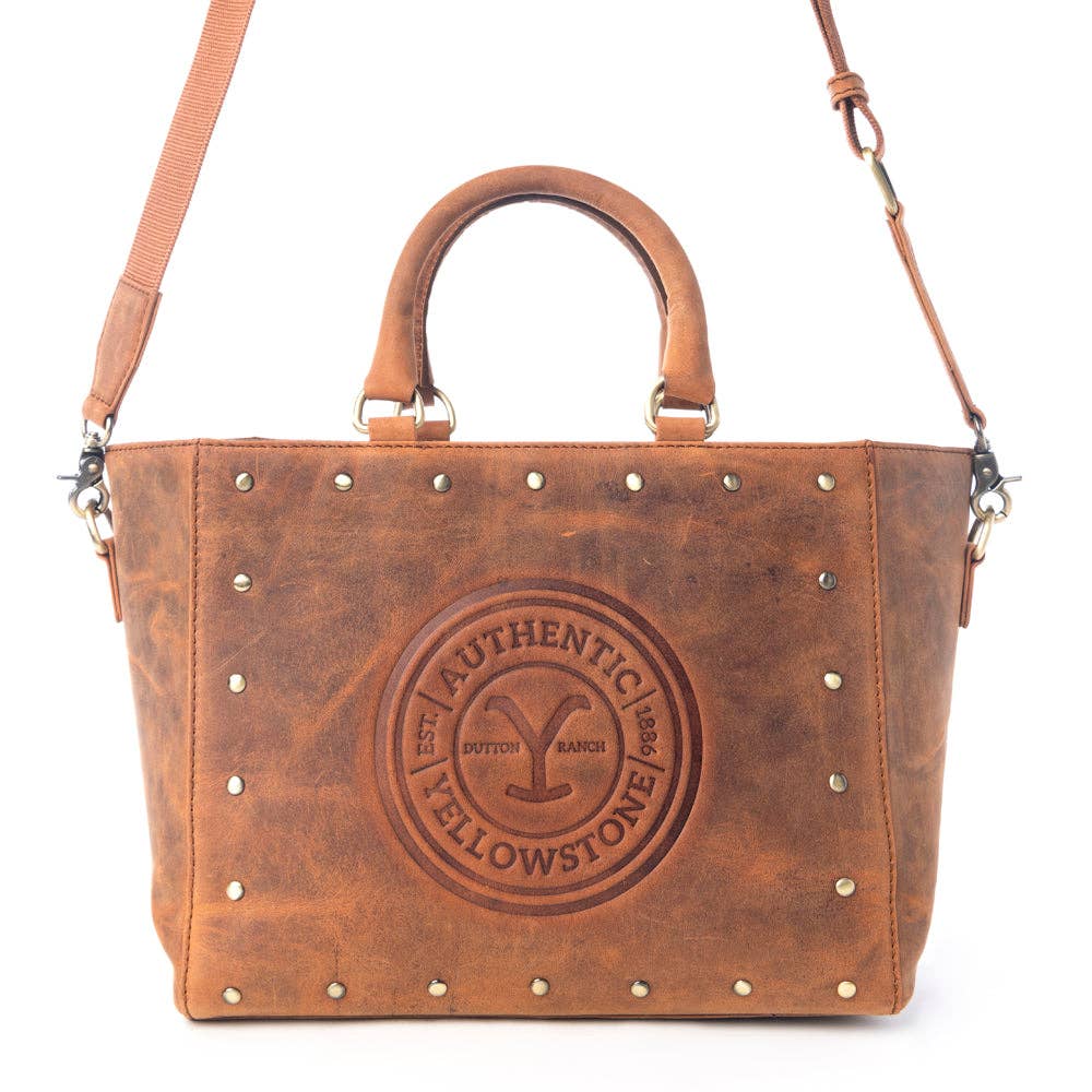 Yellowstone Valley Soul Studded & Embossed Tote Leather Bag in Amber: Dark Brown
